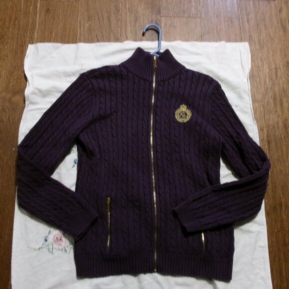 VTG Plum  CABLE KNIT ZIP RALPH LAUREN GOLD ZIPPER GOLD CREST LOGO XL - Picture 1 of 7